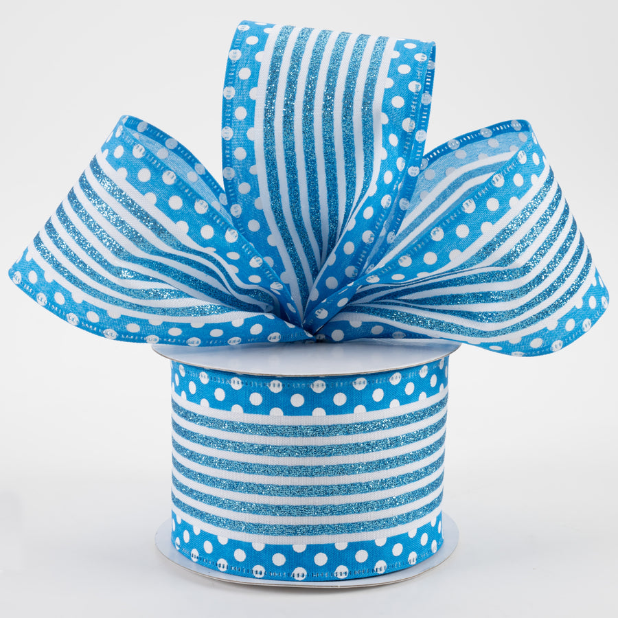 2.5" Glitter Cabana Stripe Dot Edge Ribbon: White, Aqua, Turquoise (10 Yards)