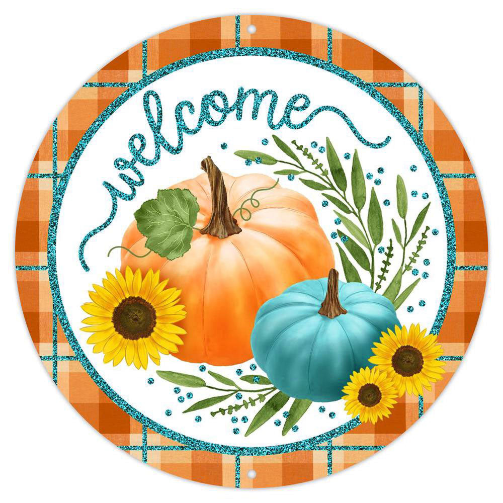 12" Metal Sign: Glittered Welcome Pumpkins Orange