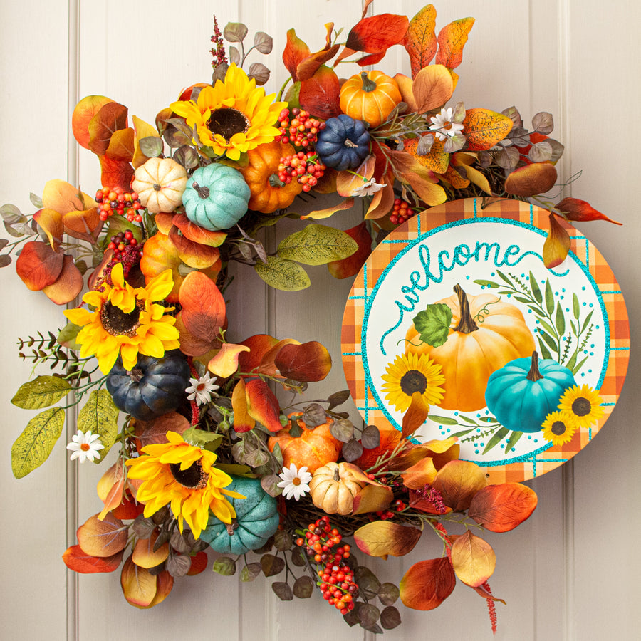 12" Metal Sign: Glittered Welcome Pumpkins Orange