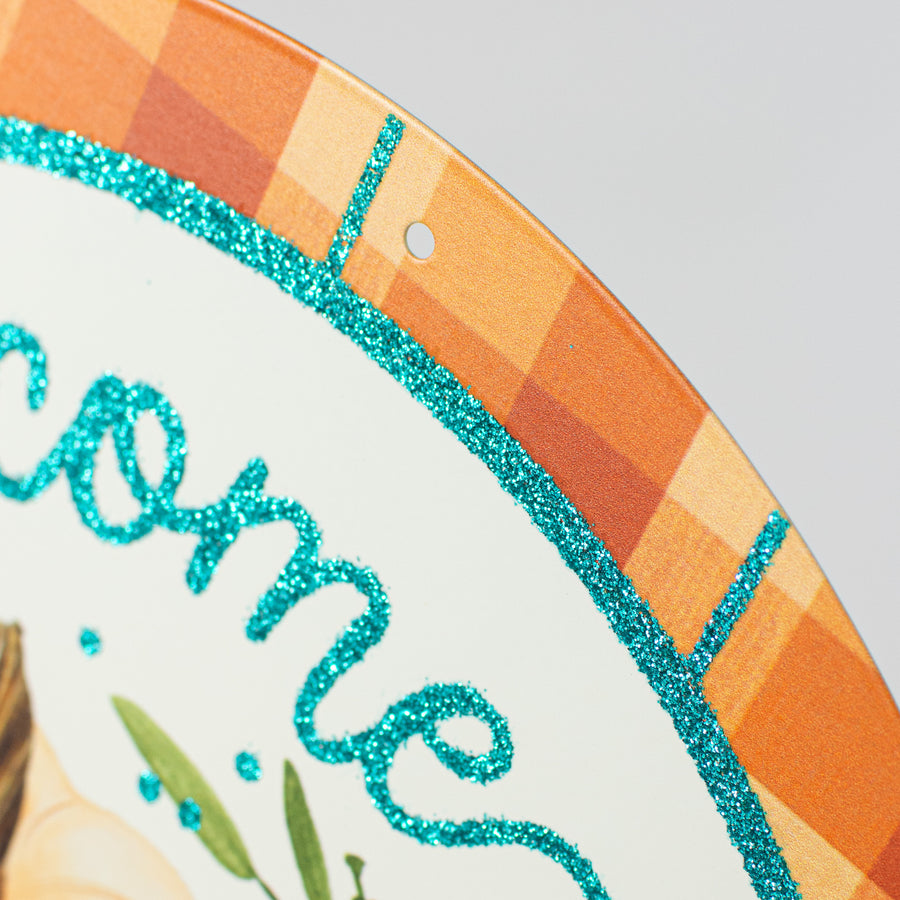 12" Metal Sign: Glittered Welcome Pumpkins Orange