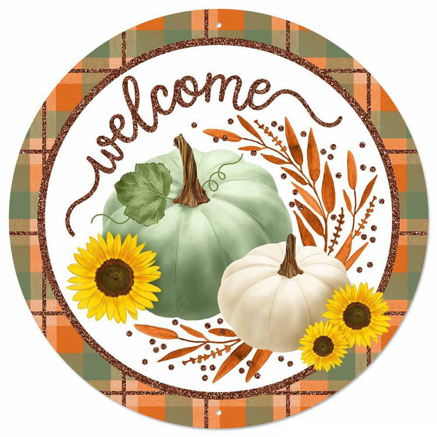 12" Metal Sign: Glittered Welcome Pumpkins Sage