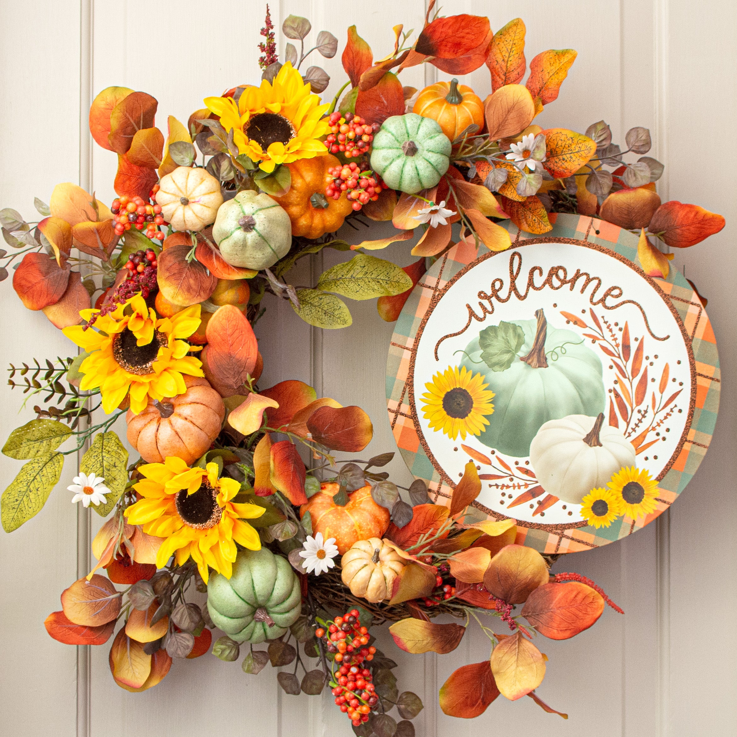 12" Metal Sign: Glittered Welcome Pumpkins Sage