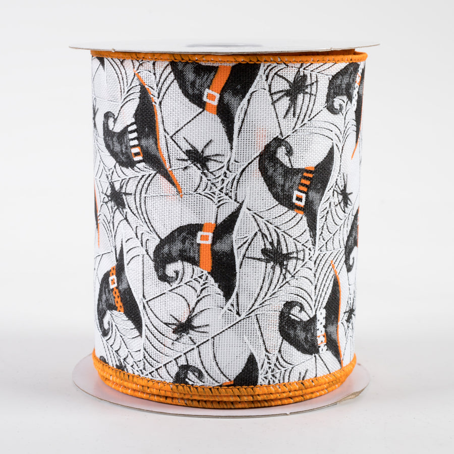 4" Witch Hats and Spiders Ribbon: White (10 Yards)
