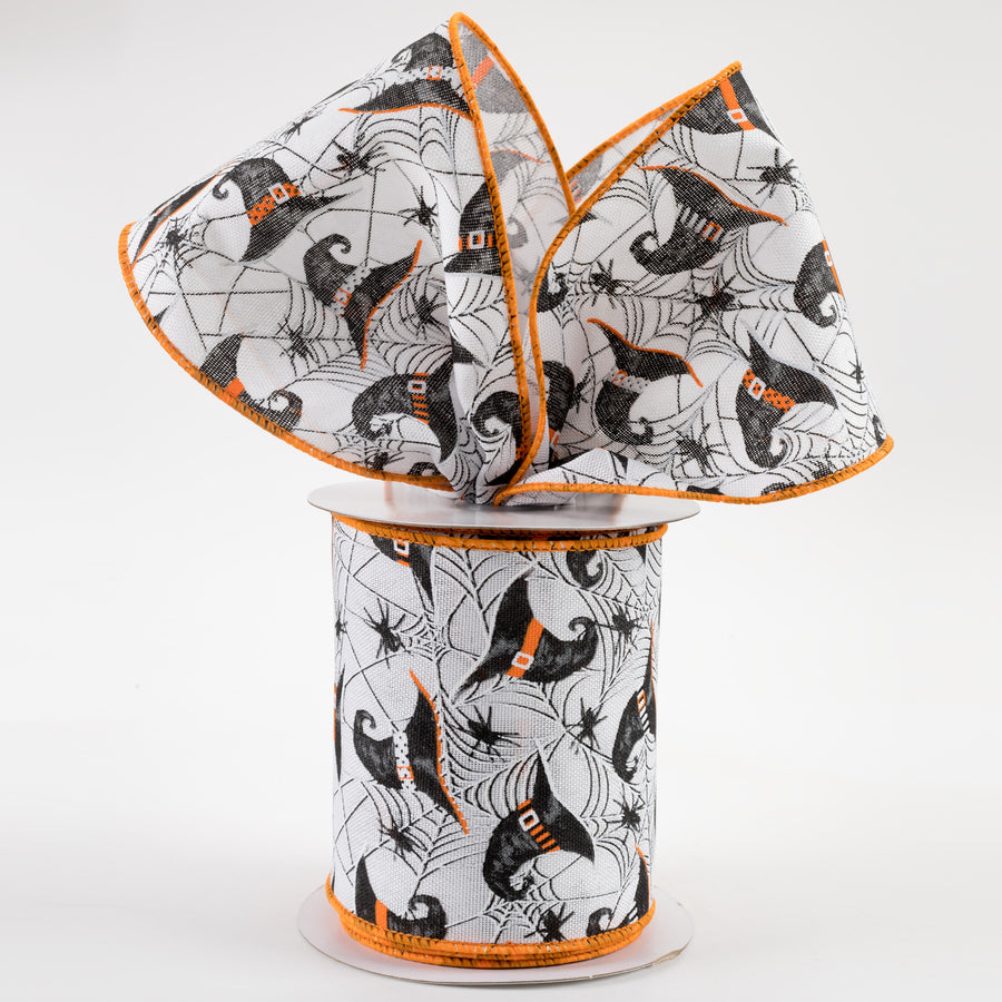 4" Witch Hats and Spiders Ribbon: White (10 Yards)