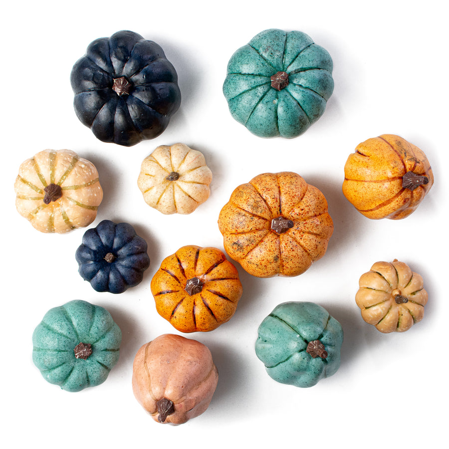 1.75" to 3.75" Assorted Artificial Pumpkins: Teal & Navy Fall (12)