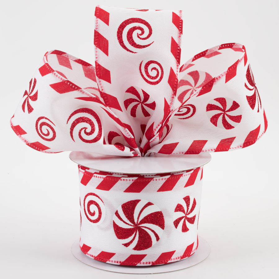 2.5" Peppermint & Candy Cane Edge Satin Ribbon (10 Yards)