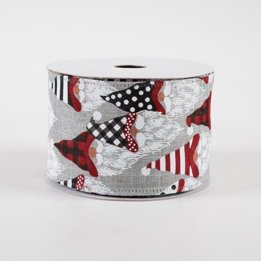 2.5" Christmas Gnome Heads Linen Ribbon: Grey (10 Yards)