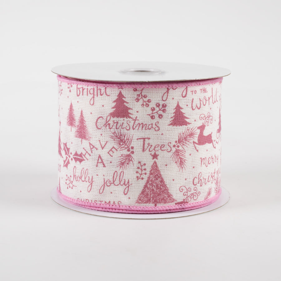2.5" Christmas Script Icons Canvas Ribbon: Ivory & Mauve (10 Yards)