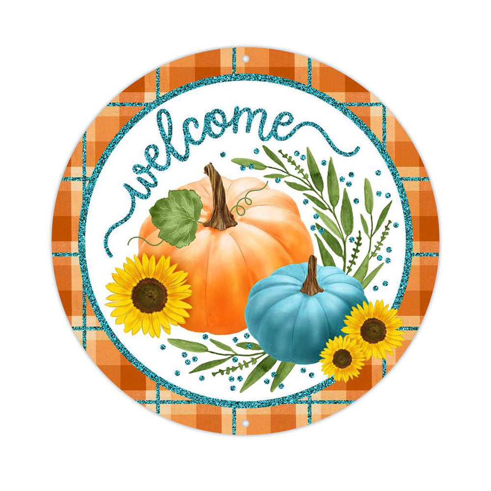 8" Metal Sign: Glittered Welcome Pumpkins Teal