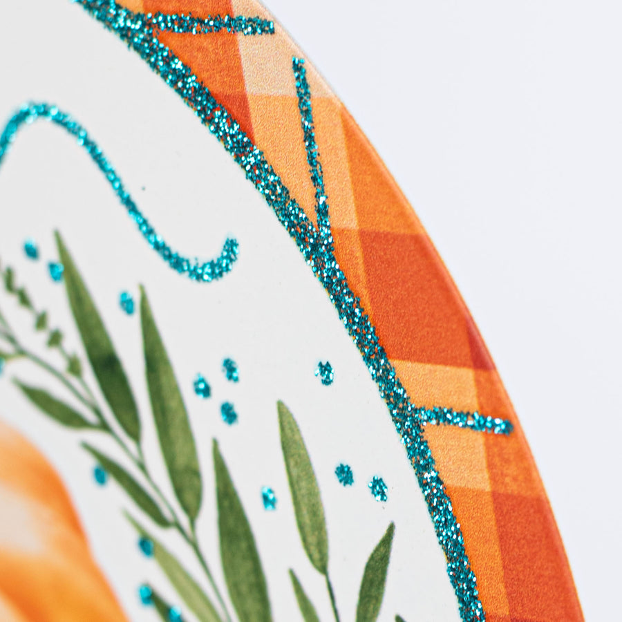 8" Metal Sign: Glittered Welcome Pumpkins Teal