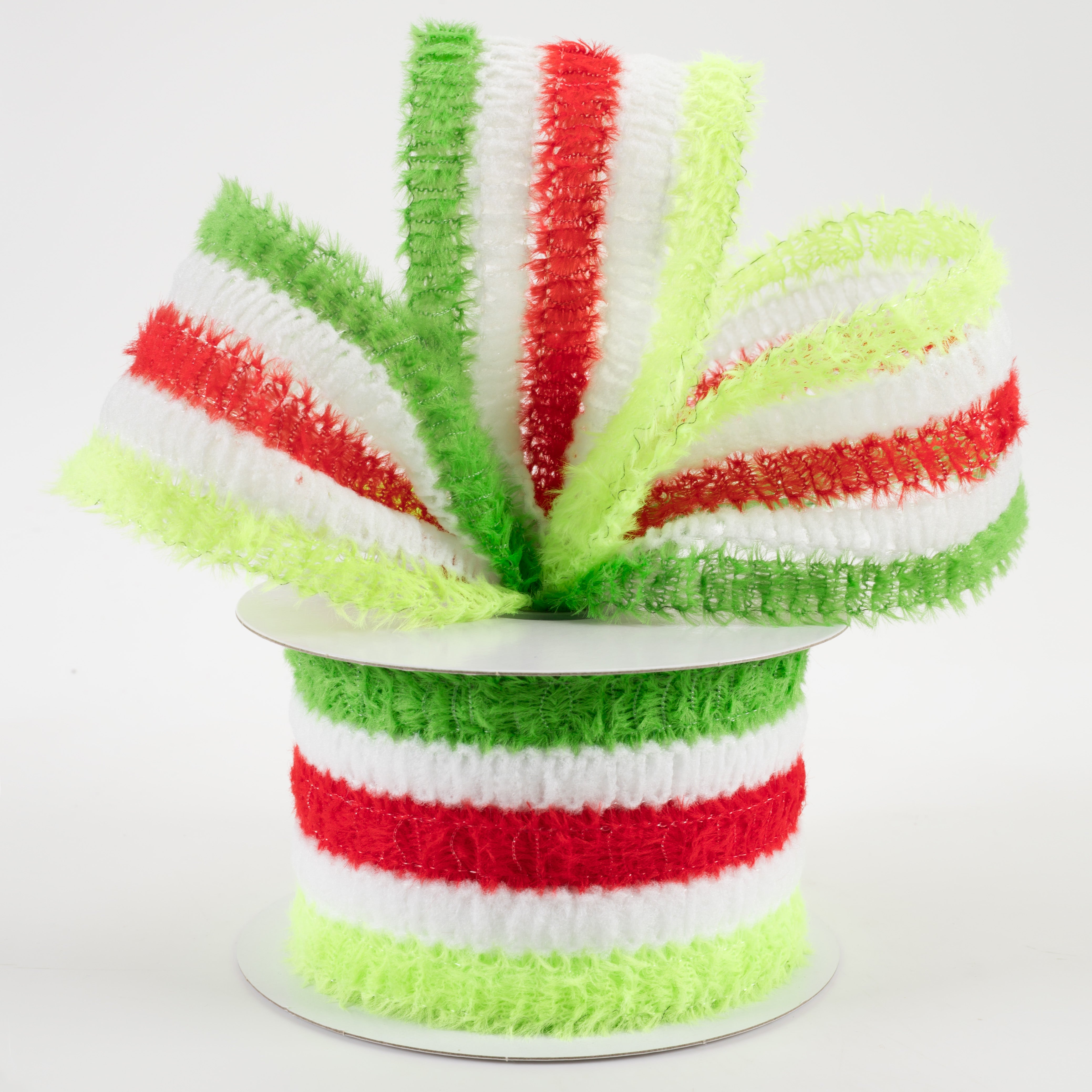 2.5" Fuzzy Stripes Ribbon: Red, White & Greens (10 Yards)