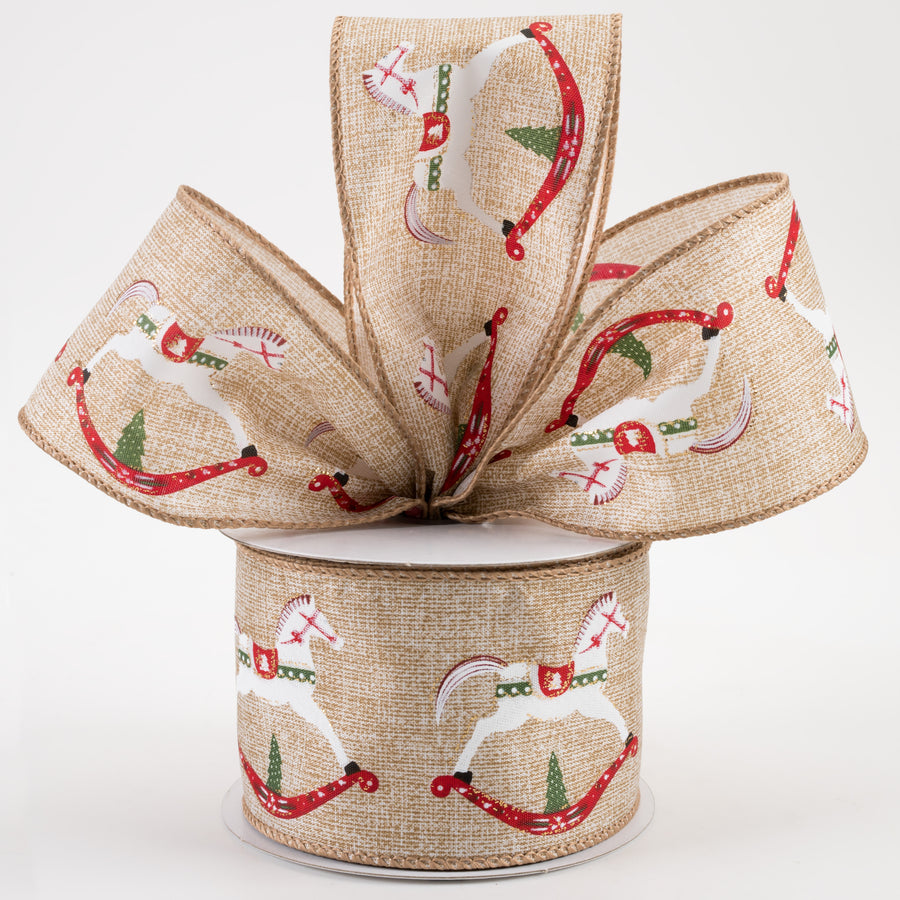 2.5" Rocking Horse Linen Ribbon: Natural, Red, Green (10 Yards)