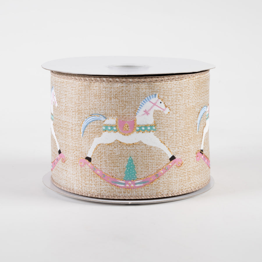 2.5" Rocking Horse Linen Ribbon: Natural, Pink, Blue (10 Yards)