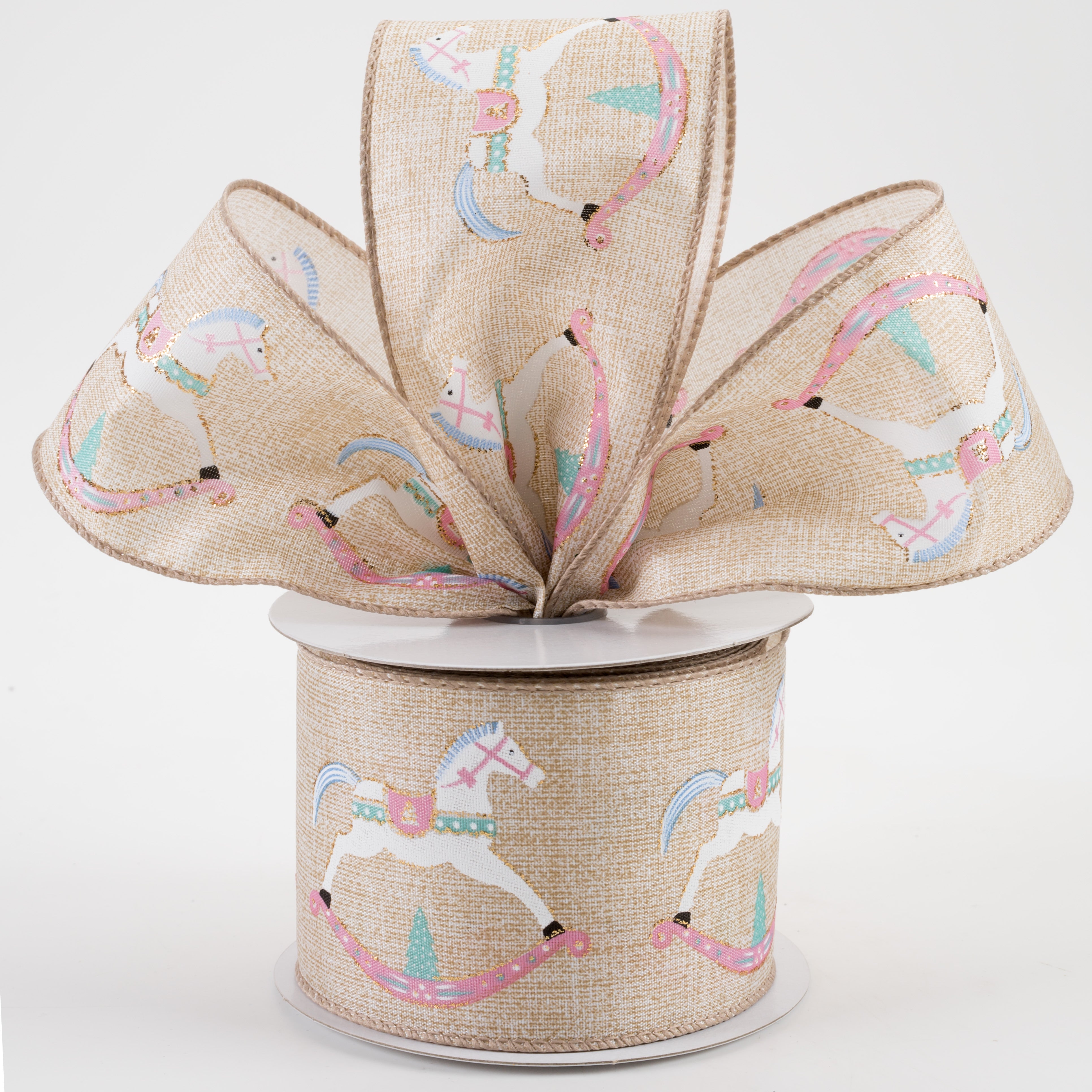 2.5" Rocking Horse Linen Ribbon: Natural, Pink, Blue (10 Yards)