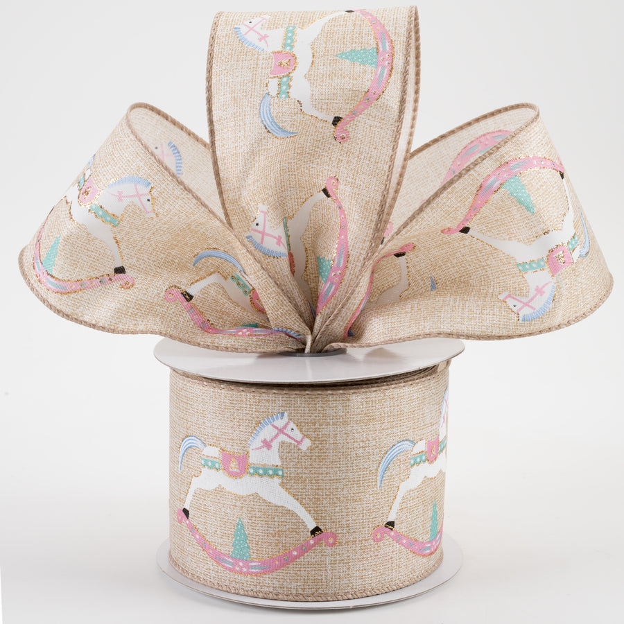 2.5" Rocking Horse Linen Ribbon: Natural, Pink, Blue (10 Yards)
