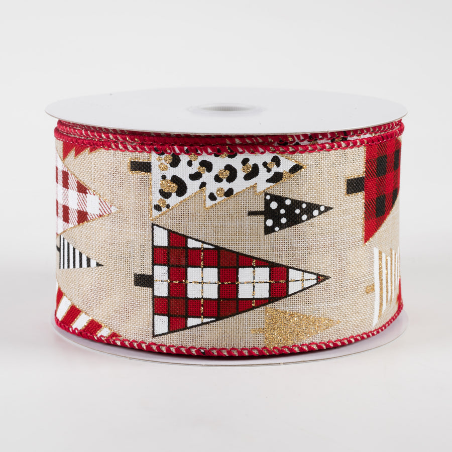 2.5" Patterned Trees Linen Ribbon: Natural, Red, Black, White, Gold (10 Yards)