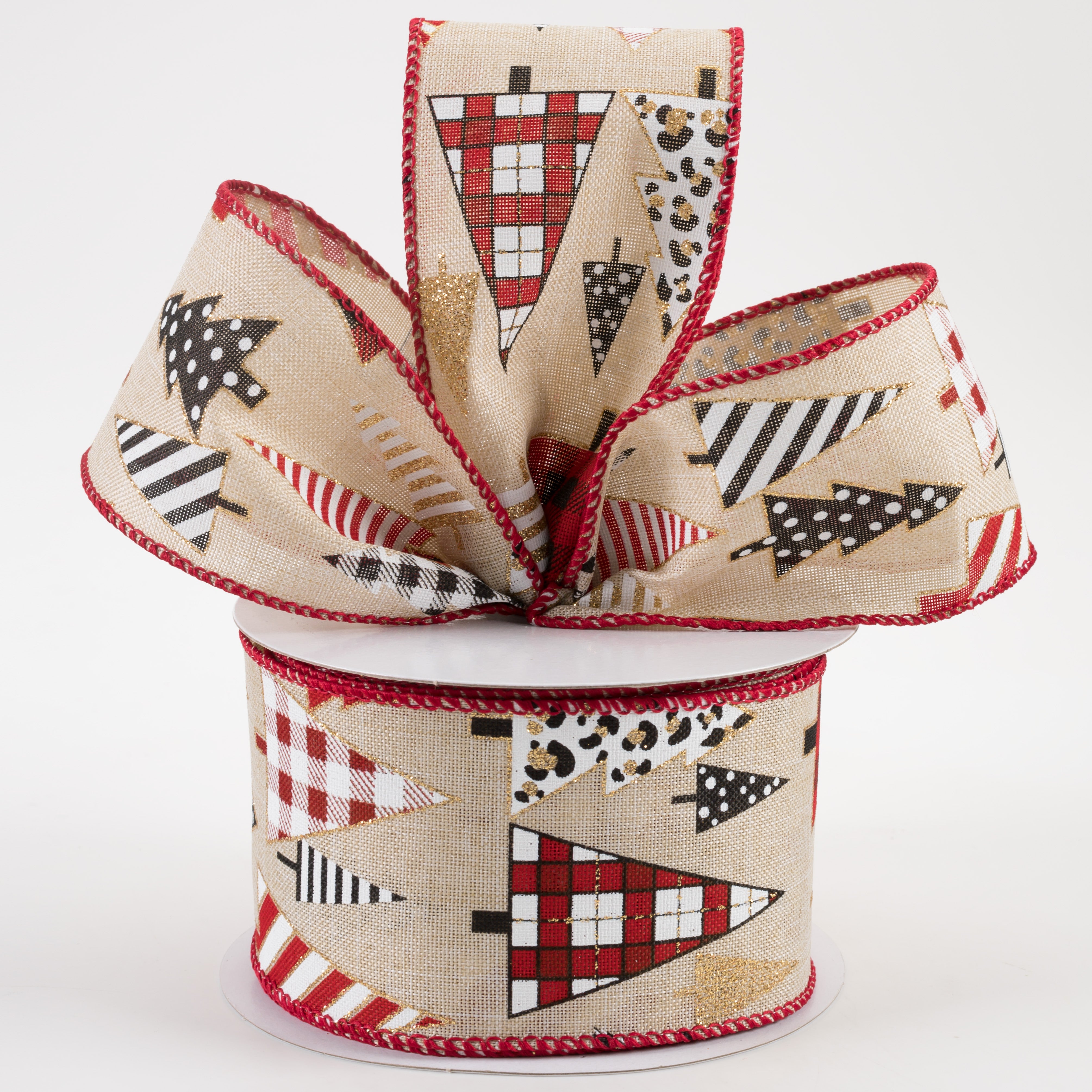 2.5" Patterned Trees Linen Ribbon: Natural, Red, Black, White, Gold (10 Yards)