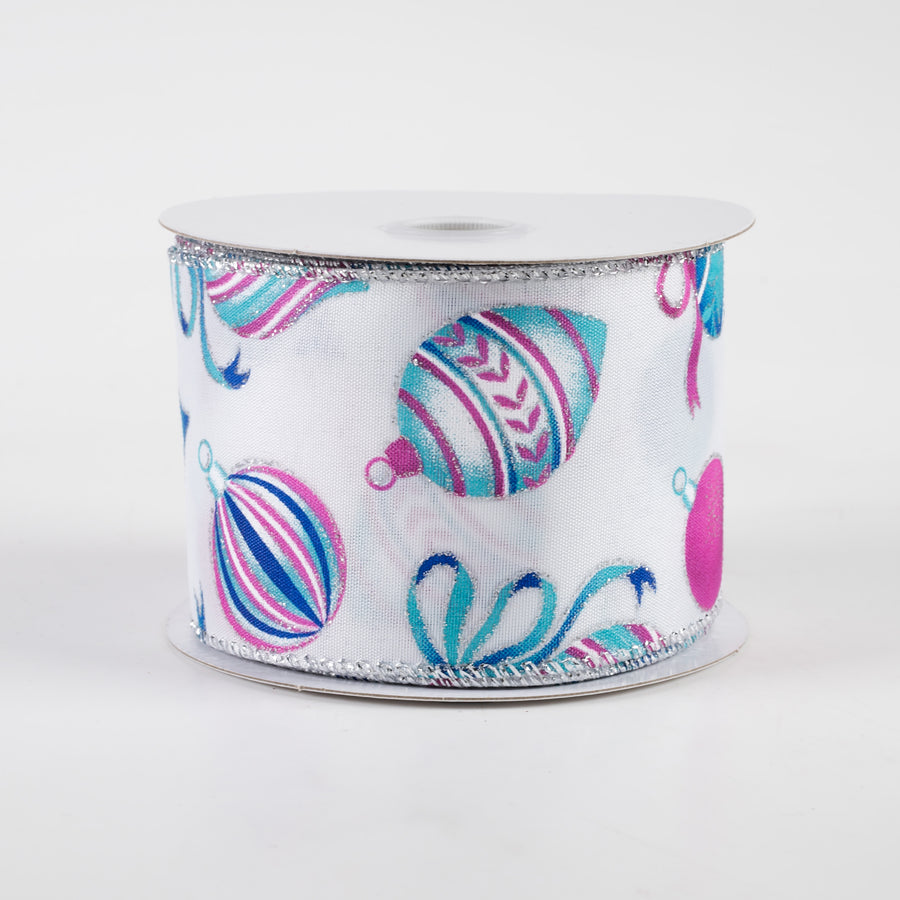 2.5" Teal & Fuchsia Ornaments on White Satin Ribbon (10 yards)