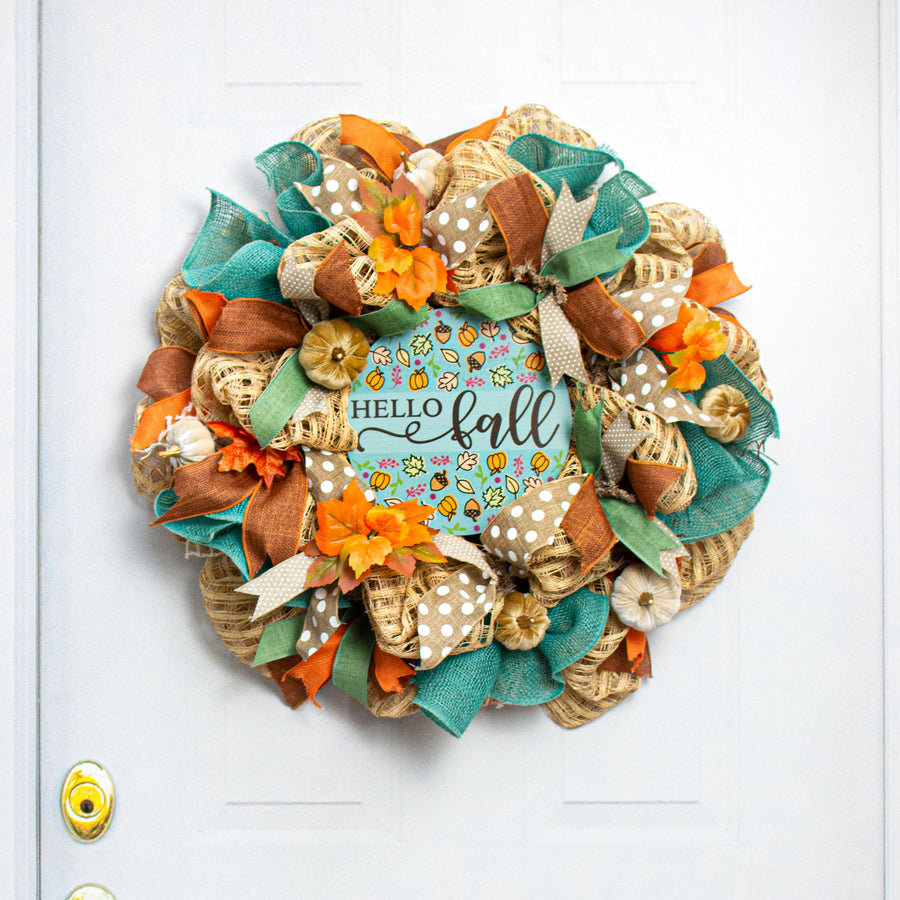 9.4" Round Waterproof Sign: Teal Hello Fall
