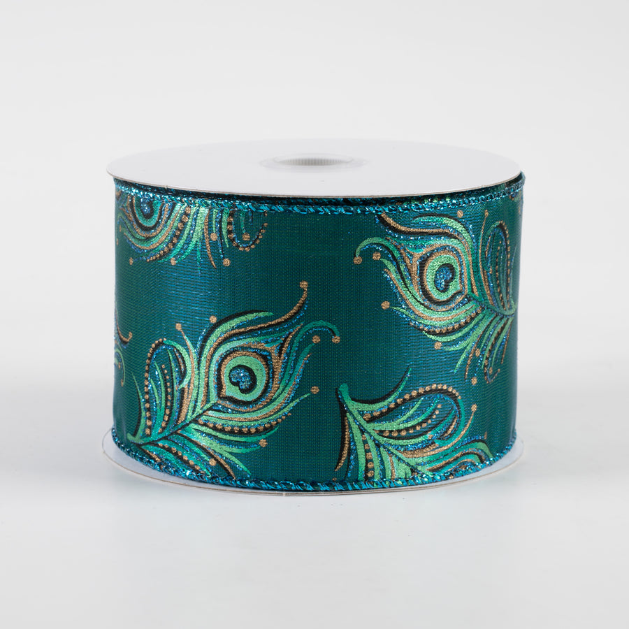 2.5" Peacock Metallic Feathers Ribbon (10 Yards)