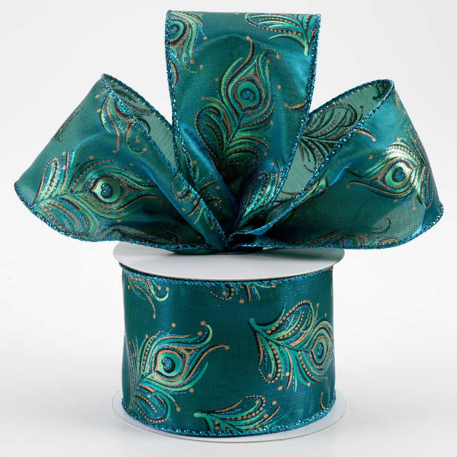 2.5" Peacock Metallic Feathers Ribbon (10 Yards)