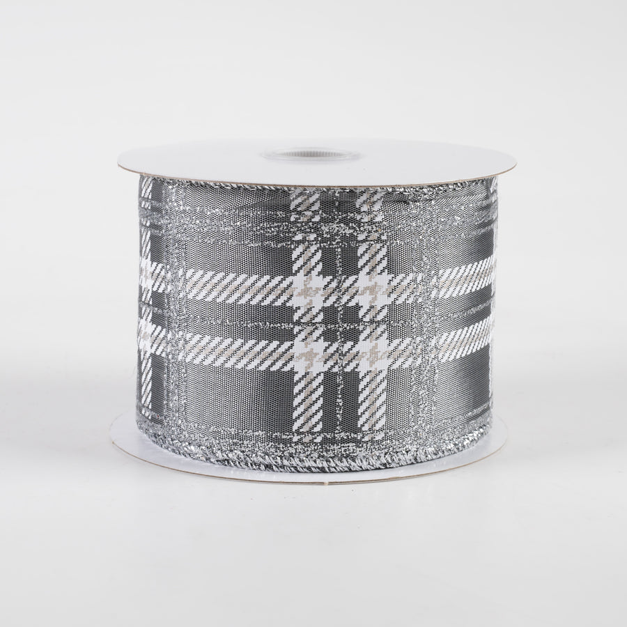 2.5" Plaid Print Ribbon: Grey Satin, White, Silver Glitter (10 Yards)
