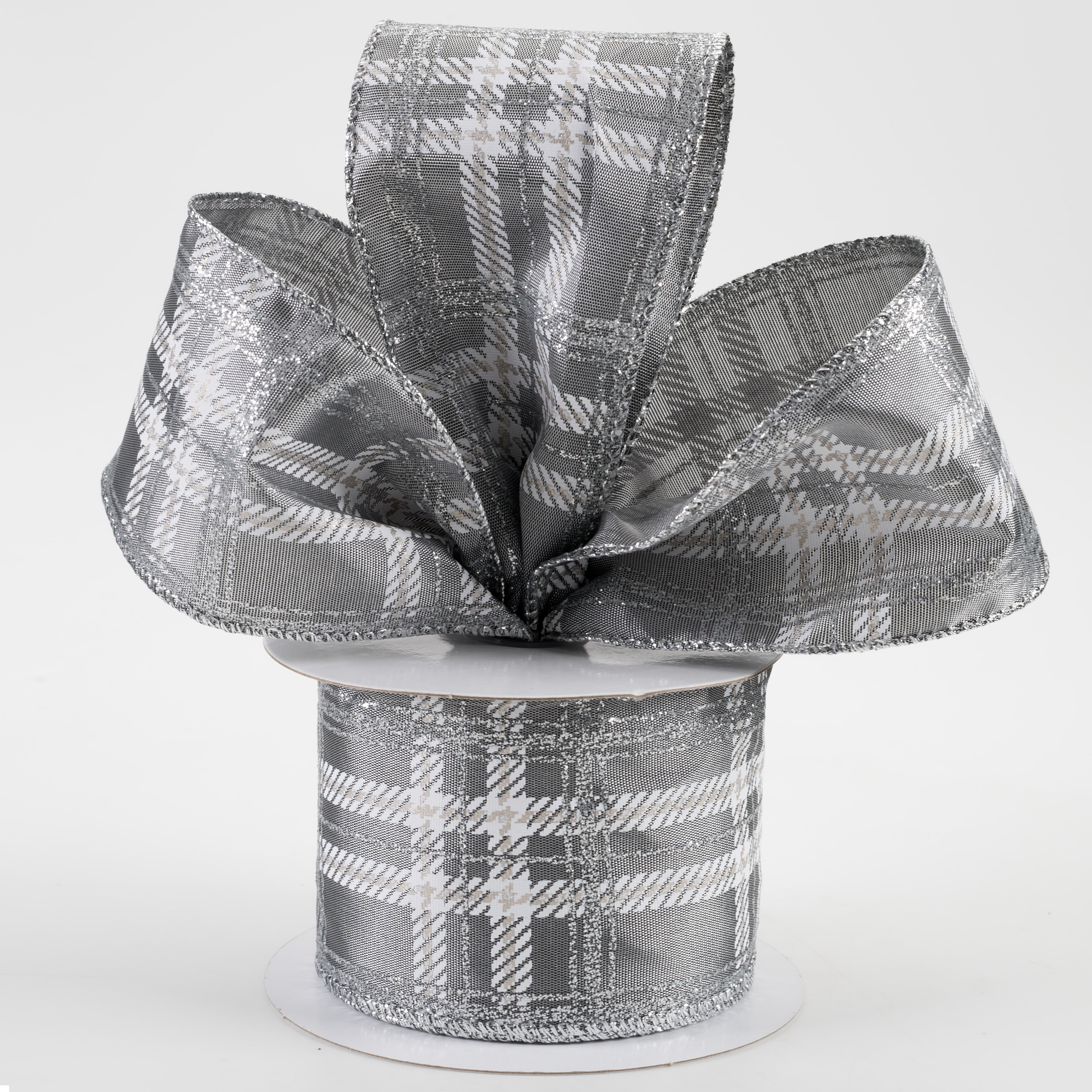 2.5" Plaid Print Ribbon: Grey Satin, White, Silver Glitter (10 Yards)