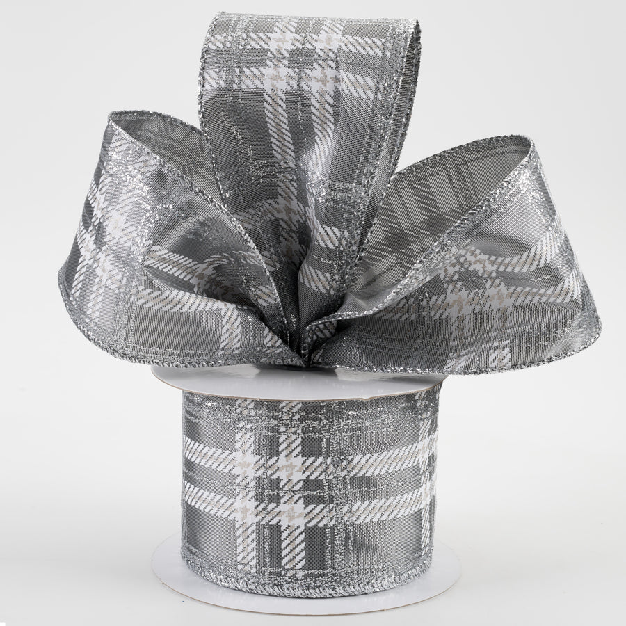 2.5" Plaid Print Ribbon: Grey Satin, White, Silver Glitter (10 Yards)