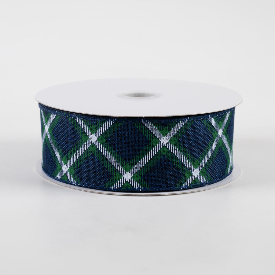 1.5" Linen Asher Plaid Ribbon: Navy, White, Green (10 Yards)