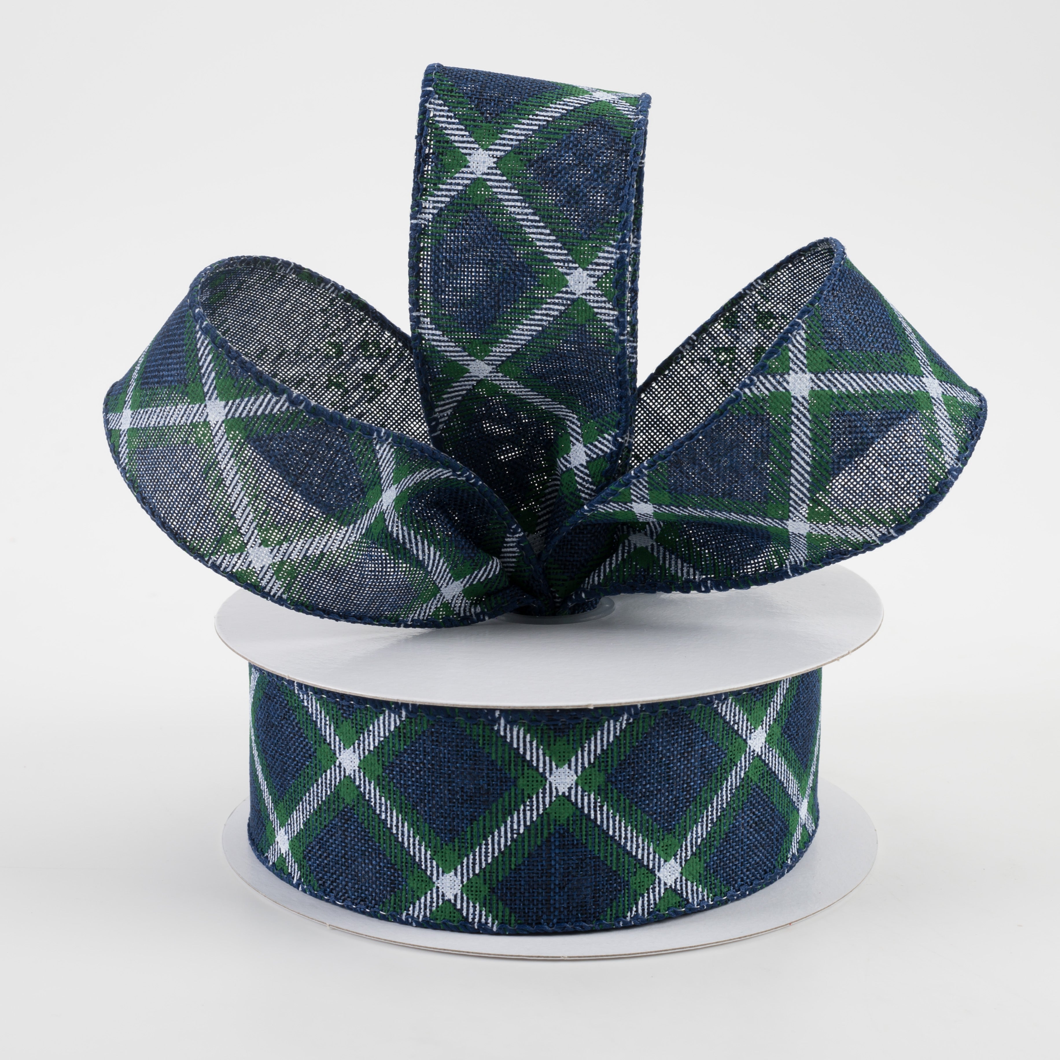 1.5" Linen Asher Plaid Ribbon: Navy, White, Green (10 Yards)