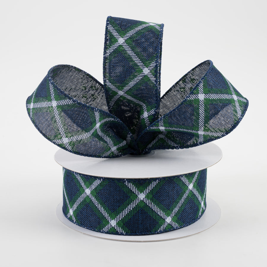1.5" Linen Asher Plaid Ribbon: Navy, White, Green (10 Yards)
