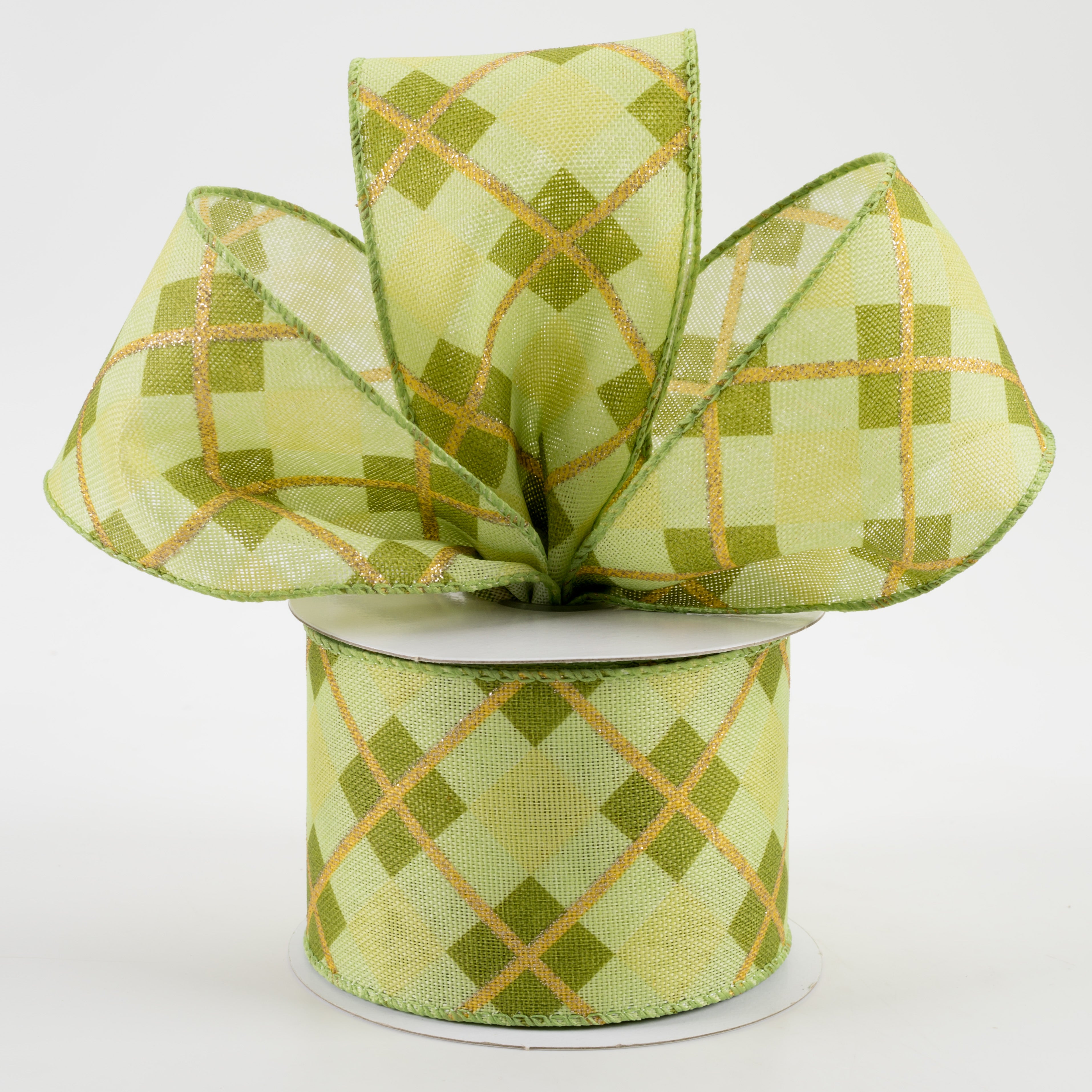 2.5" Georgina Plaid Ribbon: Green & Champagne (10 Yards)