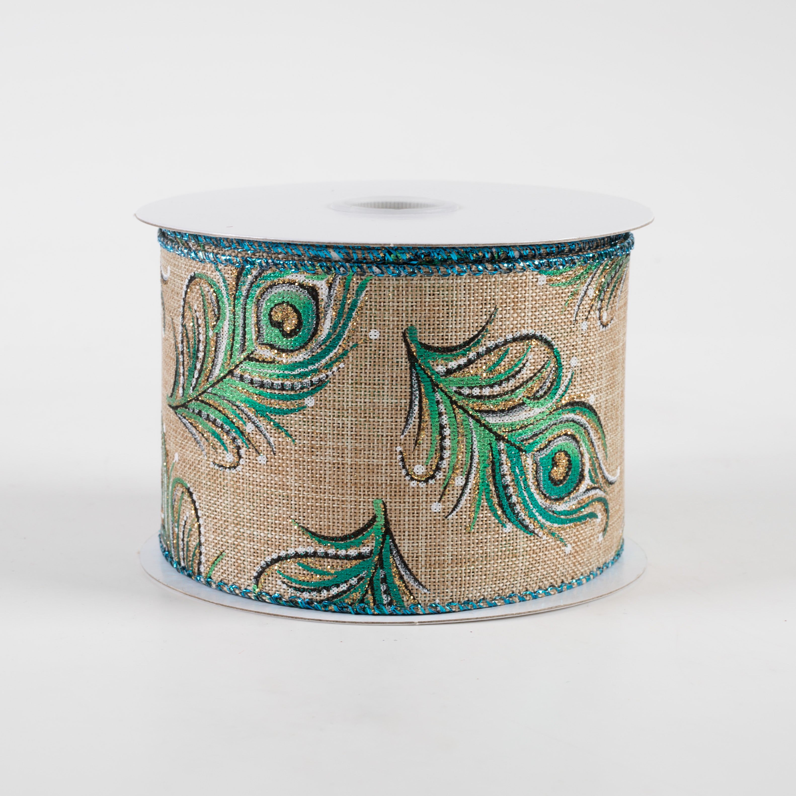 2.5" Linen Embossed Peacock Feathers Ribbon: Natural (10 Yards)