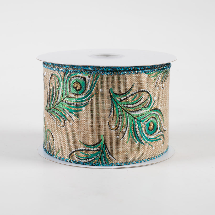 2.5" Linen Embossed Peacock Feathers Ribbon: Natural (10 Yards)