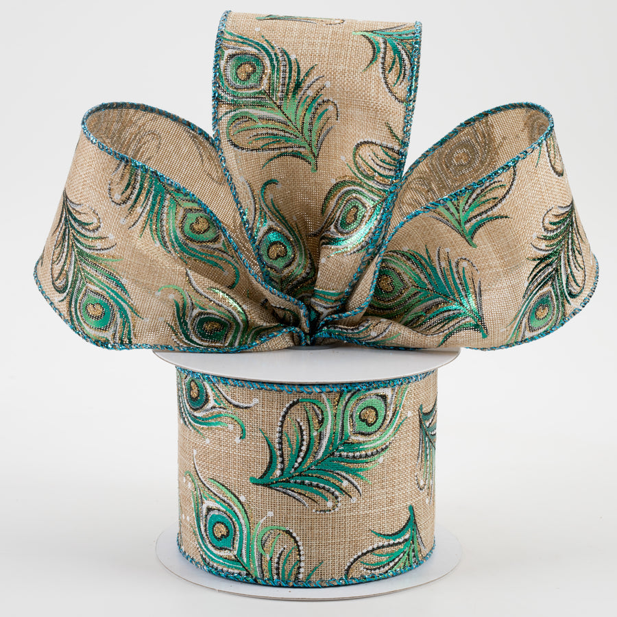 2.5" Linen Embossed Peacock Feathers Ribbon: Natural (10 Yards)