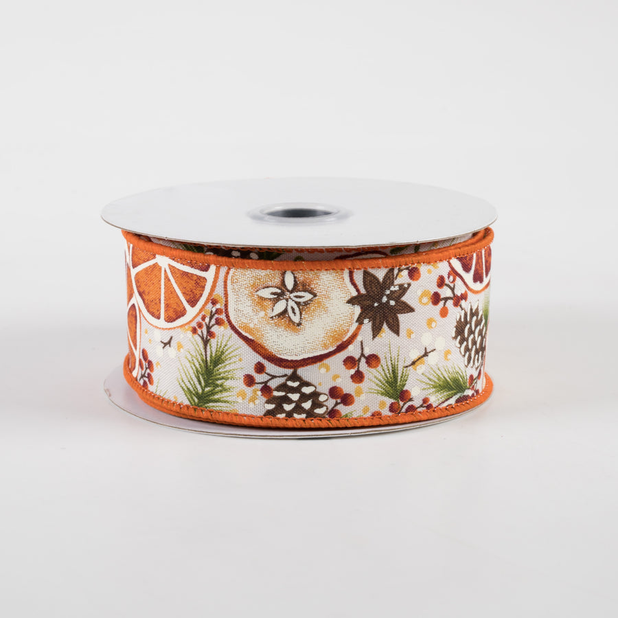 1.5" Dried Fruit and Pinecones Ribbon: Cream (10 Yards)