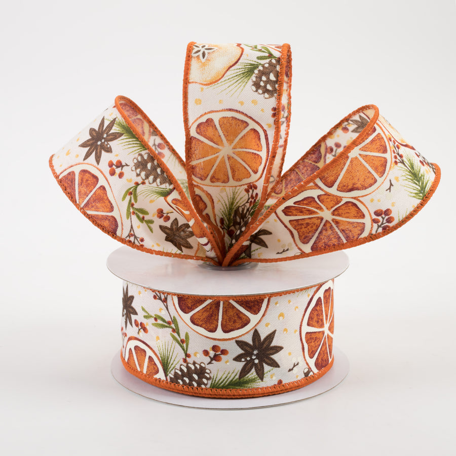 1.5" Dried Fruit and Pinecones Ribbon: Cream (10 Yards)