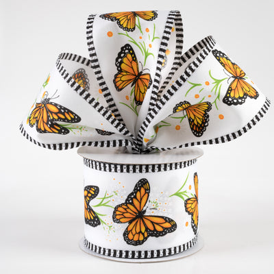 2.5" Monarch Butterfly, Daisies, Stripe Edge Ribbon: White (10 Yards)