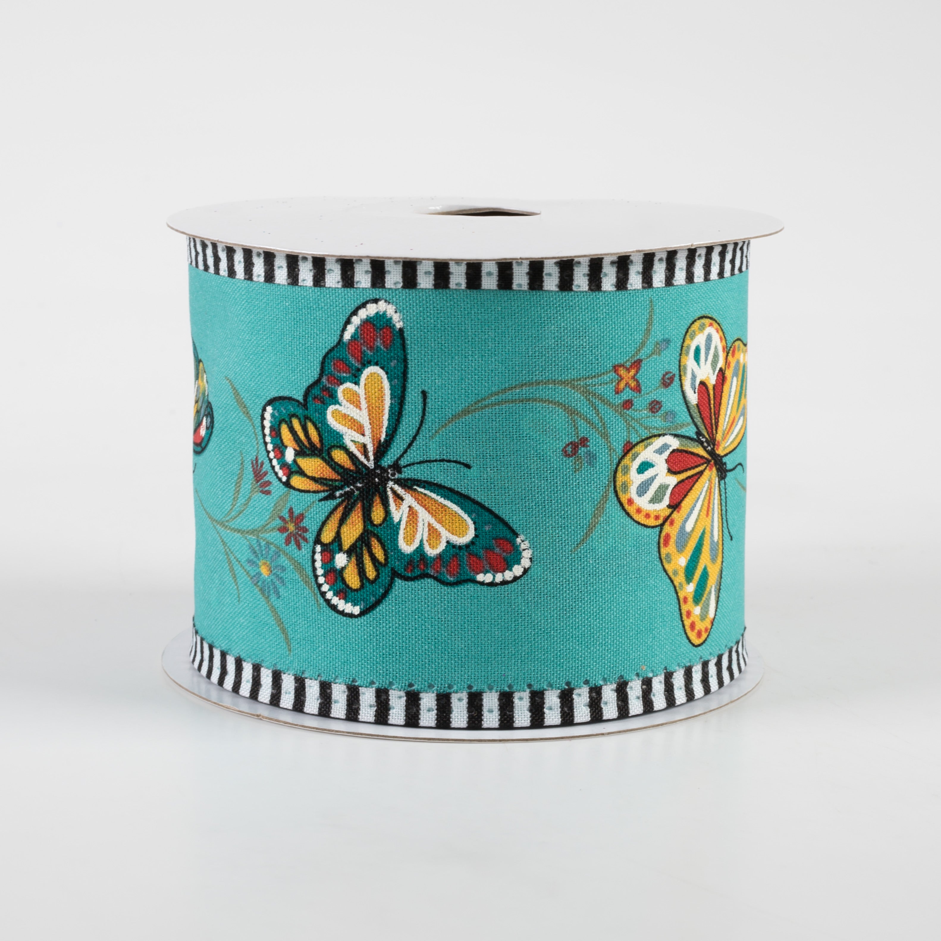 2.5" Butterflies & Flowers Stipe Edge Ribbon: Teal (10 Yards)
