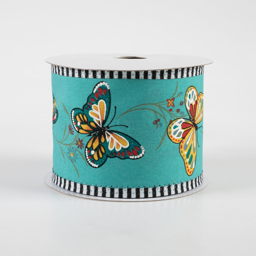 2.5" Butterflies & Flowers Stipe Edge Ribbon: Teal (10 Yards)