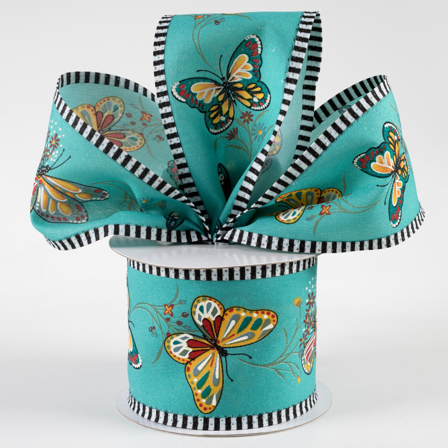 2.5" Butterflies & Flowers Stipe Edge Ribbon: Teal (10 Yards)