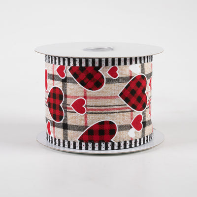 2.5" Check Hearts, Plaid, Stripe Edge Ribbon: Beige (10 Yards)