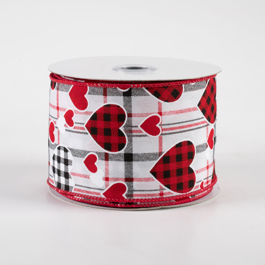 2.5" Check Hearts On Plaid Ribbon: White (10 Yards)