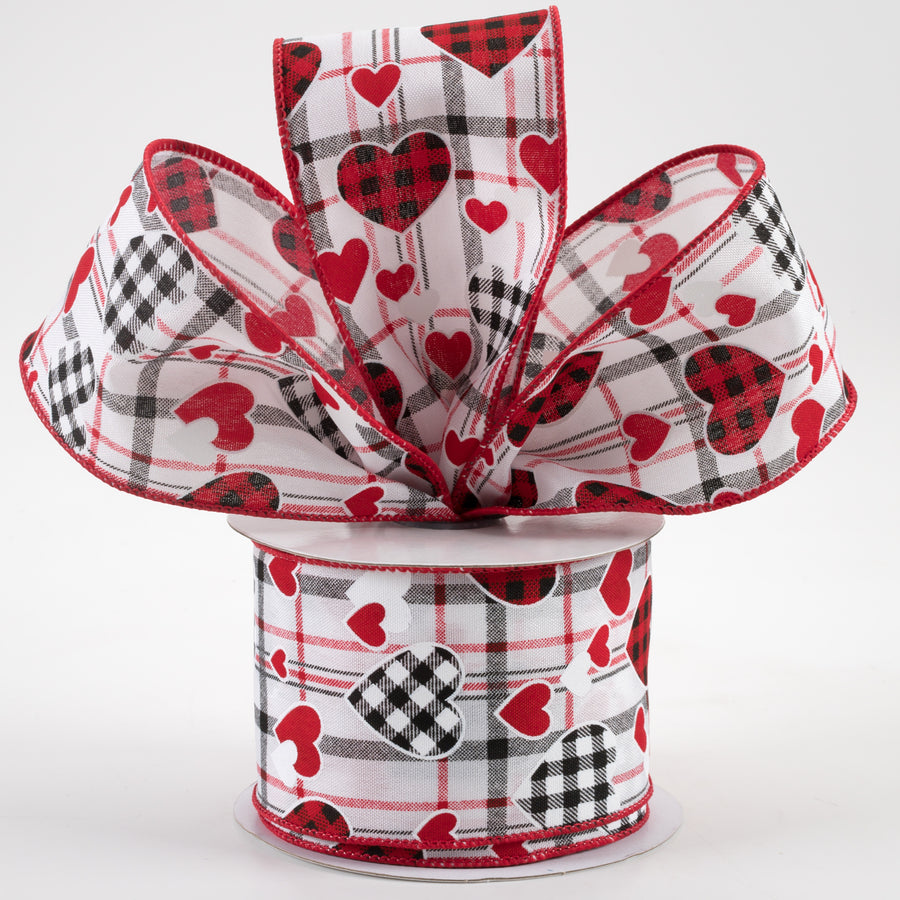 2.5" Check Hearts On Plaid Ribbon: White (10 Yards)