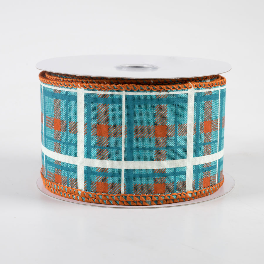 2.5" Printed Plaid Ribbon: Light Teal, Dark Orange, Turquoise (10 Yards)