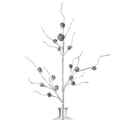 31" Glittered Mini Pinecone Birch Spray: White
