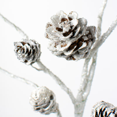31" Glittered Mini Pinecone Birch Spray: White