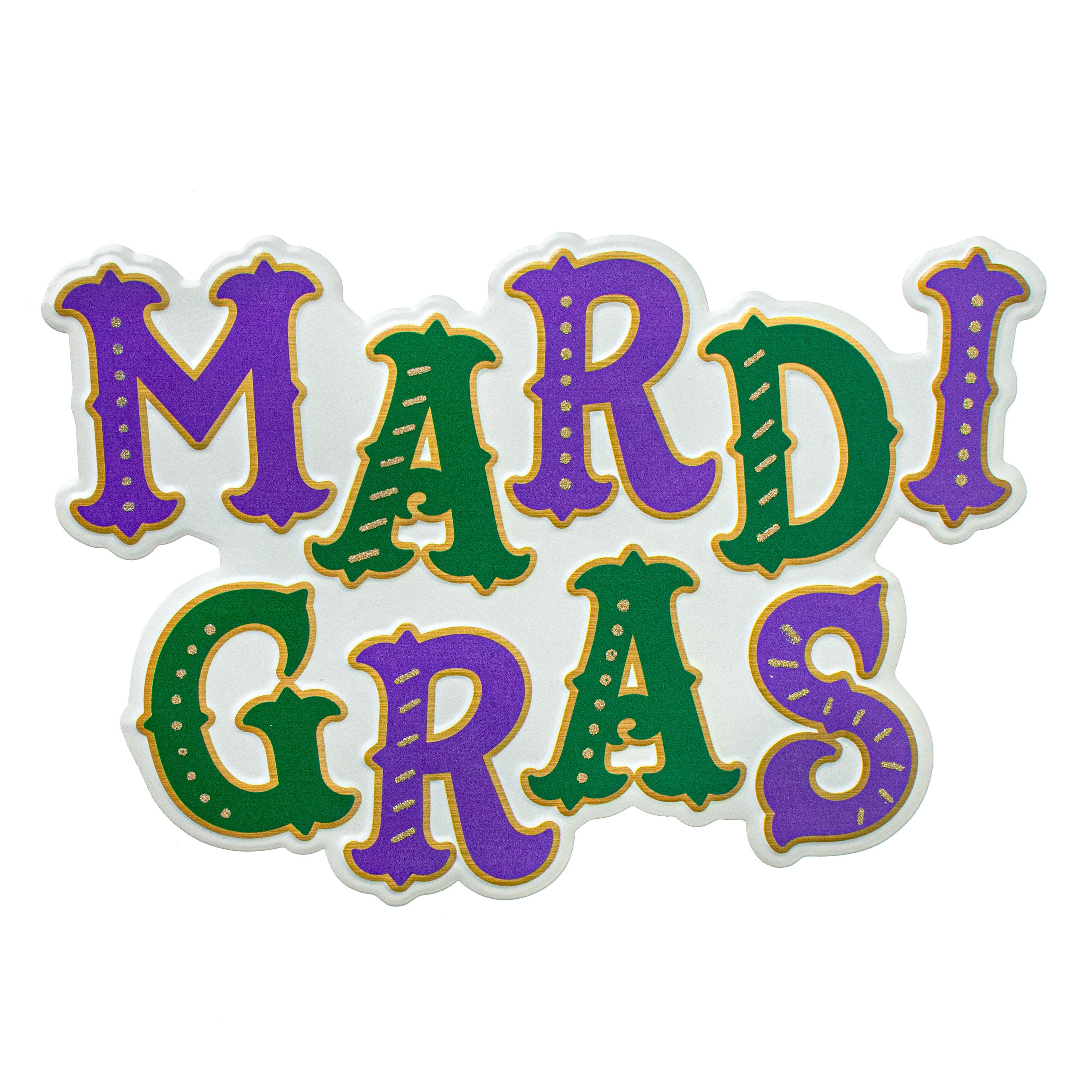 16" Mardi Gras Embossed Metal Hanger: White, Purple, Green, Gold