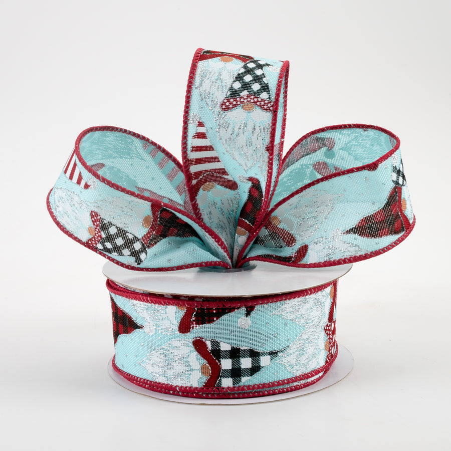 1.5" Christmas Gnome Heads Ribbon: Ice Blue, Red, Black (10 Yards)