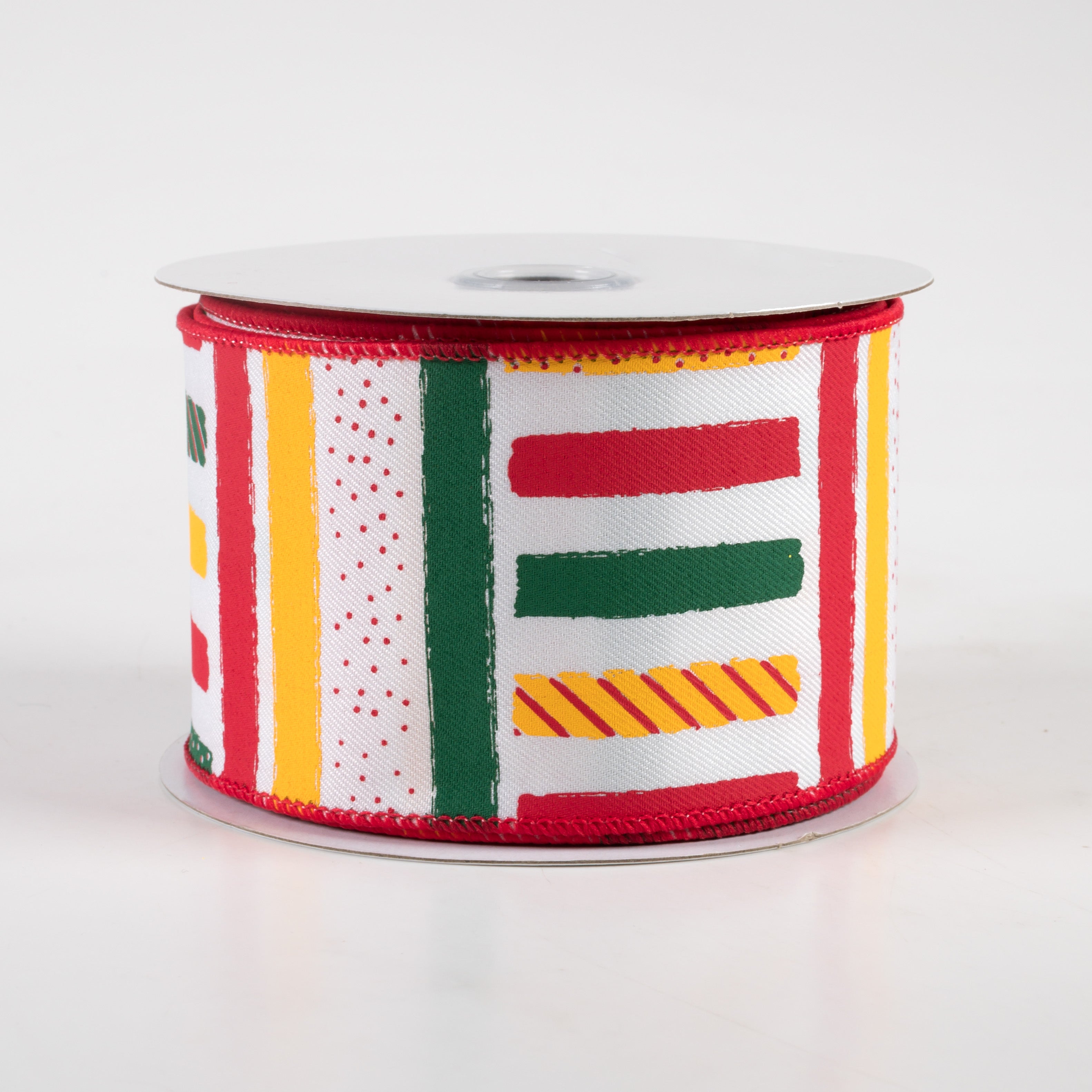 2.5" Brush Stroke Stripes Dots Ribbon: White, Yellow, Green, Red (10 Yards)